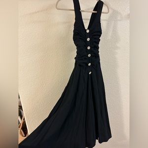 Vintage Ruched Drop Waist Cross Strap Midi Dress - Black - Size S